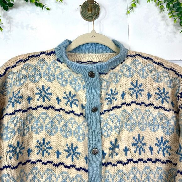 Handmade Wool Cardigan Sweater Womens Cream Blue Fair Isle Knit Scotland Nordic - Picture 6 of 16